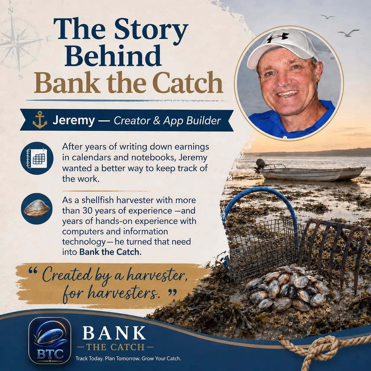The story behind Bank the Catch, created by Jeremy from his shellfish harvesting and hands-on technology experience