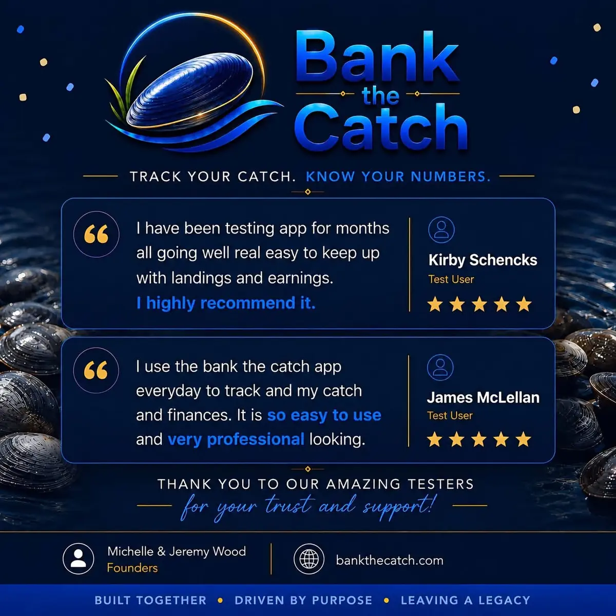 Bank the Catch feedback from test users Kirby Schencks and James McLellan, each giving the app five stars